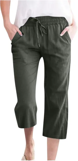 Womens Linen Capri Pants Summer Casual Capris with Pockets Comfy Palazzo Short Trousers High Waisted Cropped Pants