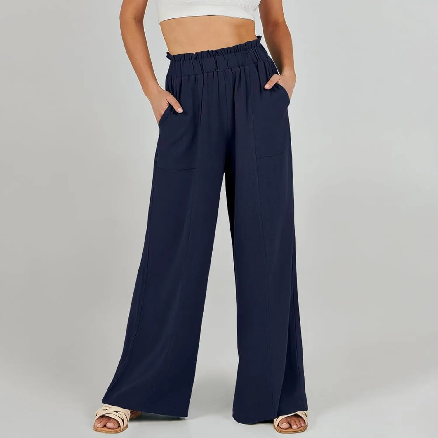 Women's Linen Palazzo Pant 2025 Summer Wide Leg High Waist Casual Lounge Pant Beach Vacation Trousers with Pocket