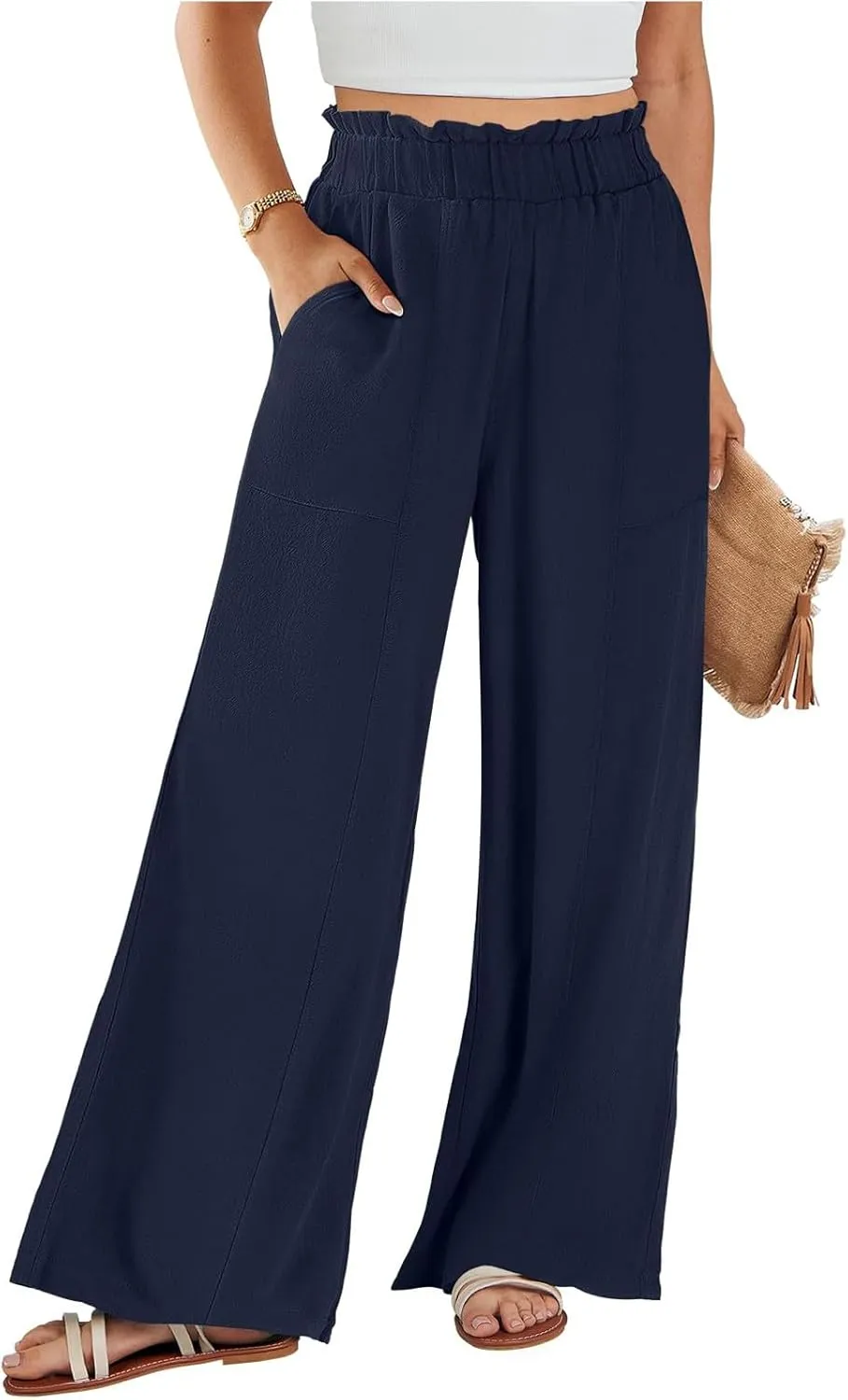 Women's Linen Palazzo Pant 2025 Summer Wide Leg High Waist Casual Lounge Pant Beach Vacation Trousers with Pocket