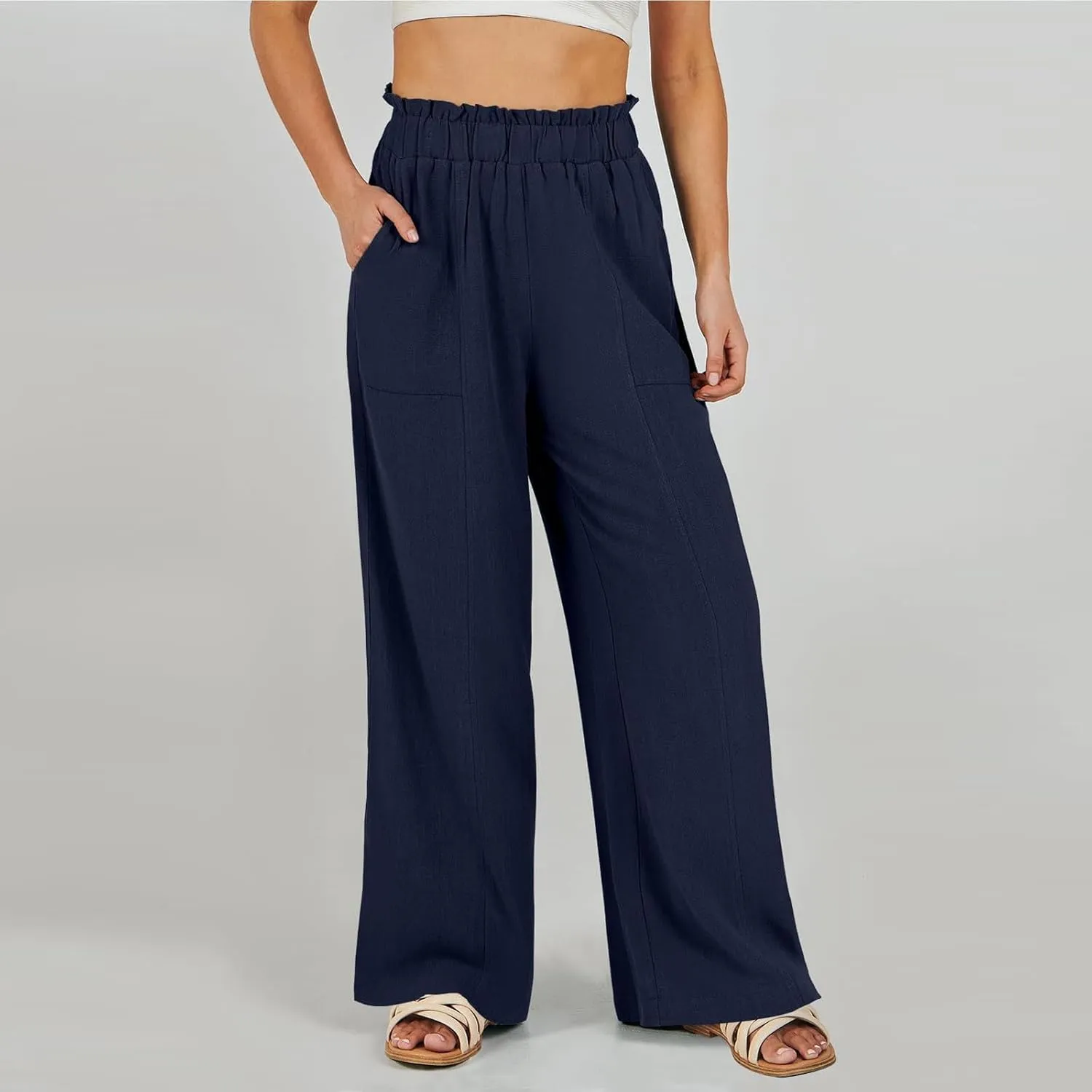 Women's Linen Palazzo Pant 2025 Summer Wide Leg High Waist Casual Lounge Pant Beach Vacation Trousers with Pocket