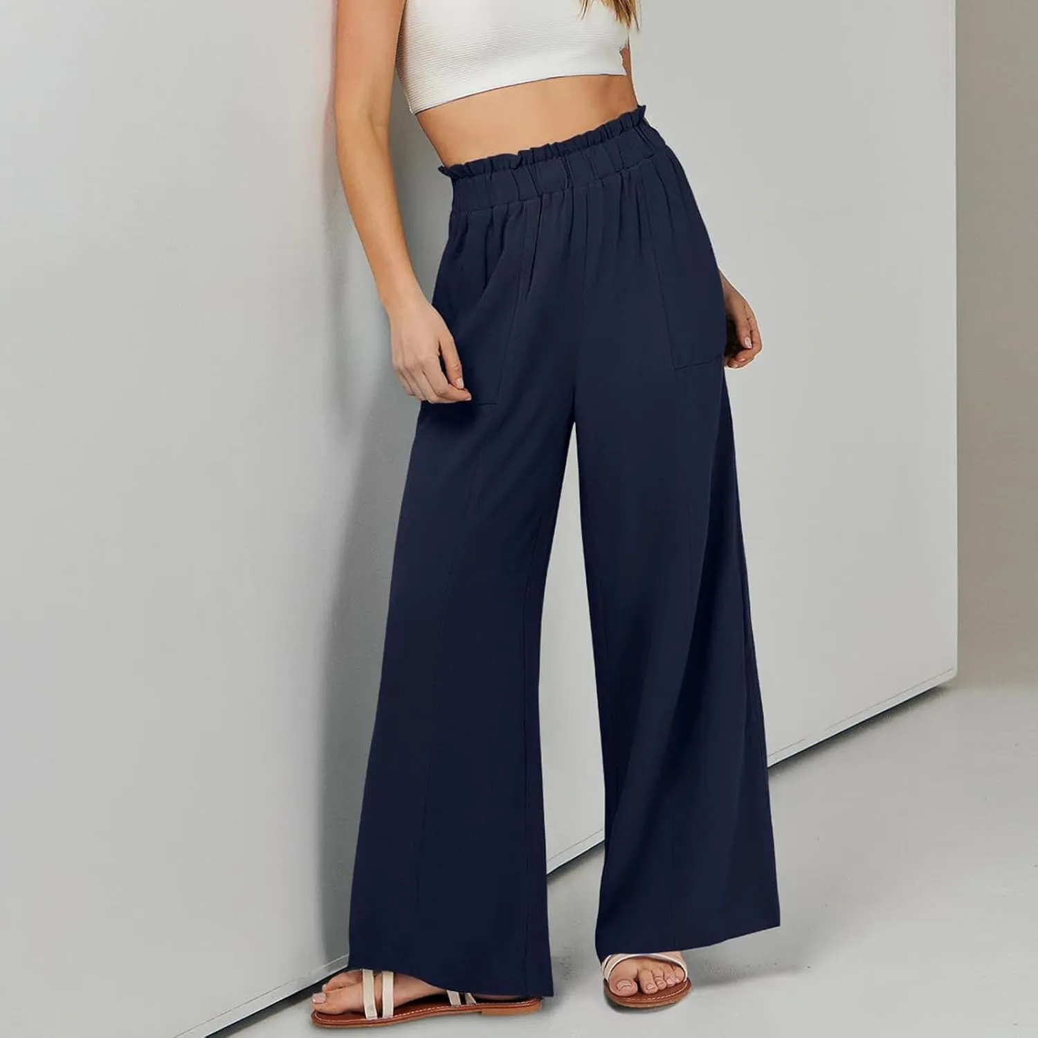 Women's Linen Palazzo Pant 2025 Summer Wide Leg High Waist Casual Lounge Pant Beach Vacation Trousers with Pocket