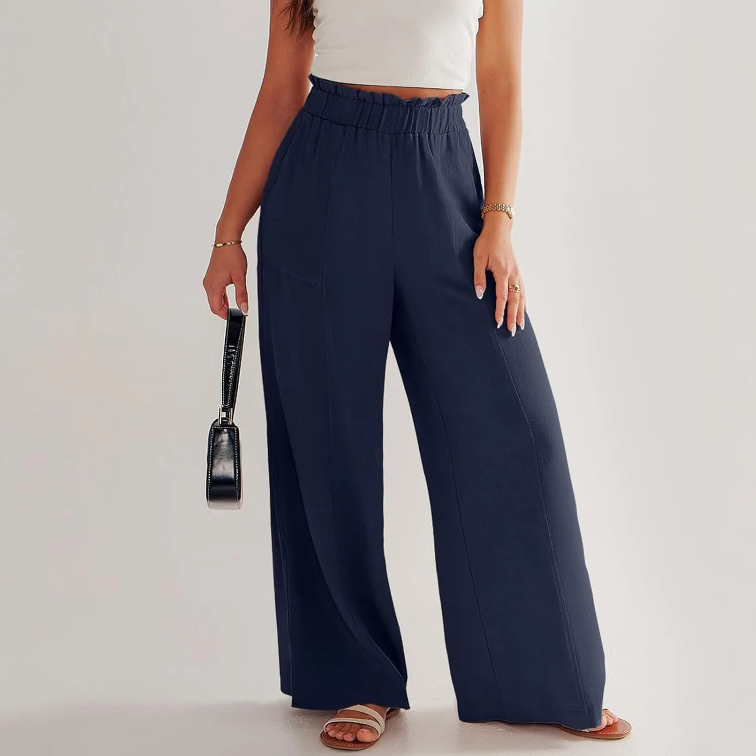 Women's Linen Palazzo Pant 2025 Summer Wide Leg High Waist Casual Lounge Pant Beach Vacation Trousers with Pocket