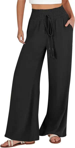 Womens Linen Palazzo Pants Casual Wide Leg Pants Drawstring Pants with Pockets Summer Beach Linen Pants Lounge Trousers, Small, #E2-black