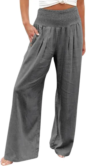 Womens Linen Pants 2025 Casual Loose Wide Leg Palazzo Pants Tummy Control High Waist Flowy Trousers with Pockets