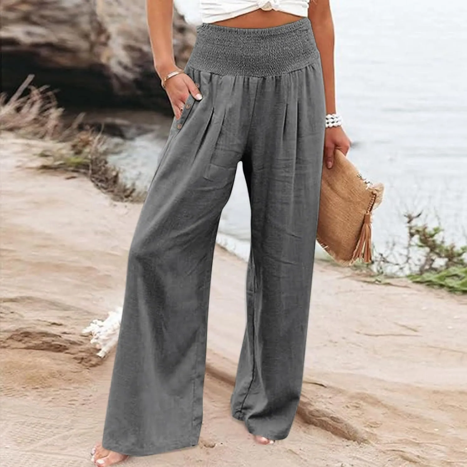 Womens Linen Pants 2025 Casual Loose Wide Leg Palazzo Pants Tummy Control High Waist Flowy Trousers with Pockets
