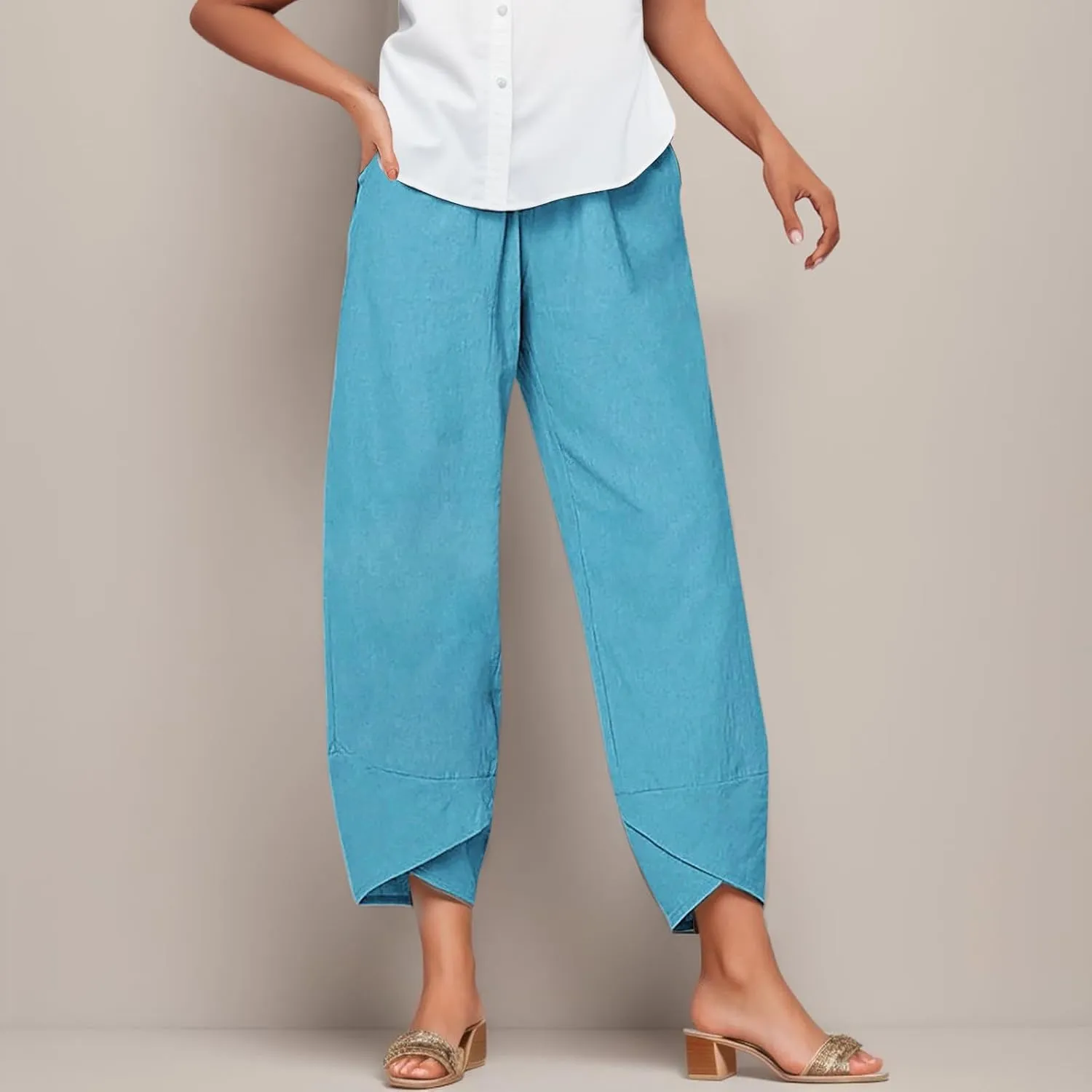 Womens Linen Pants for Summer High Waist Lightweight Lounge Trousers 2025 Trendy Casual Cropped Pants with Pockets