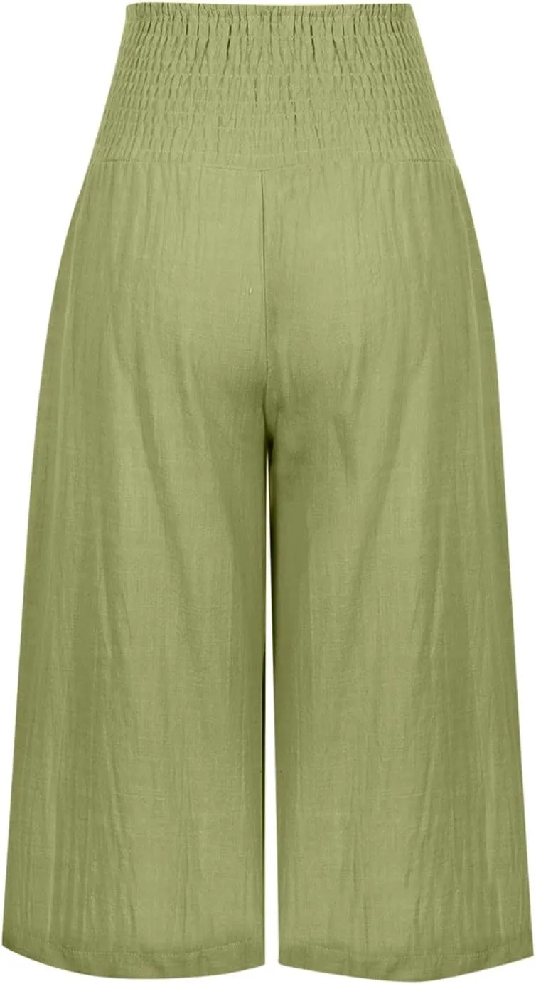 Womens Linen Pants High Waisted Pants Loose Comfy Wide Leg Holiday Summer Lounge Vacation Pockets Palazzo Trousers