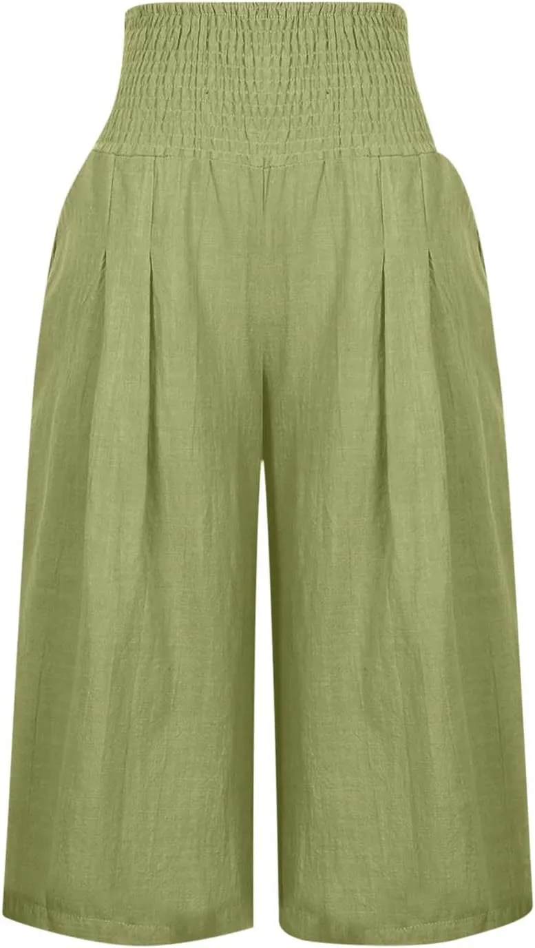 Womens Linen Pants High Waisted Pants Loose Comfy Wide Leg Holiday Summer Lounge Vacation Pockets Palazzo Trousers