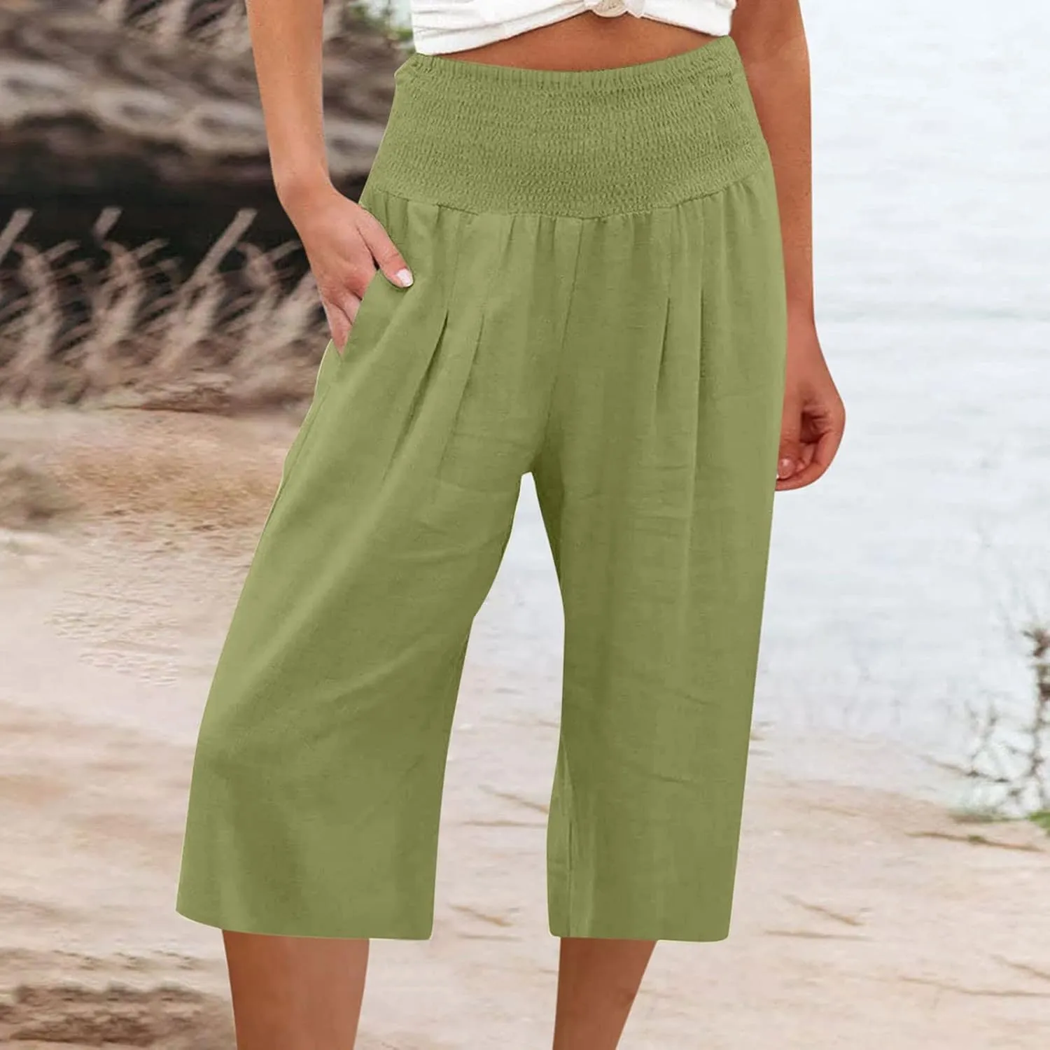 Womens Linen Pants High Waisted Pants Loose Comfy Wide Leg Holiday Summer Lounge Vacation Pockets Palazzo Trousers