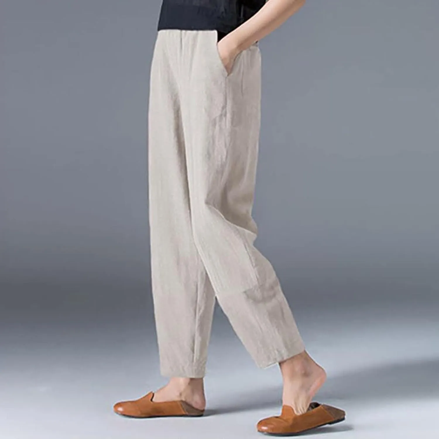 Women's Linen Pants Plus Size High Waisted Elastic Trouser Summer Drawstring Pants Loose Fit Lightweight Long Pants