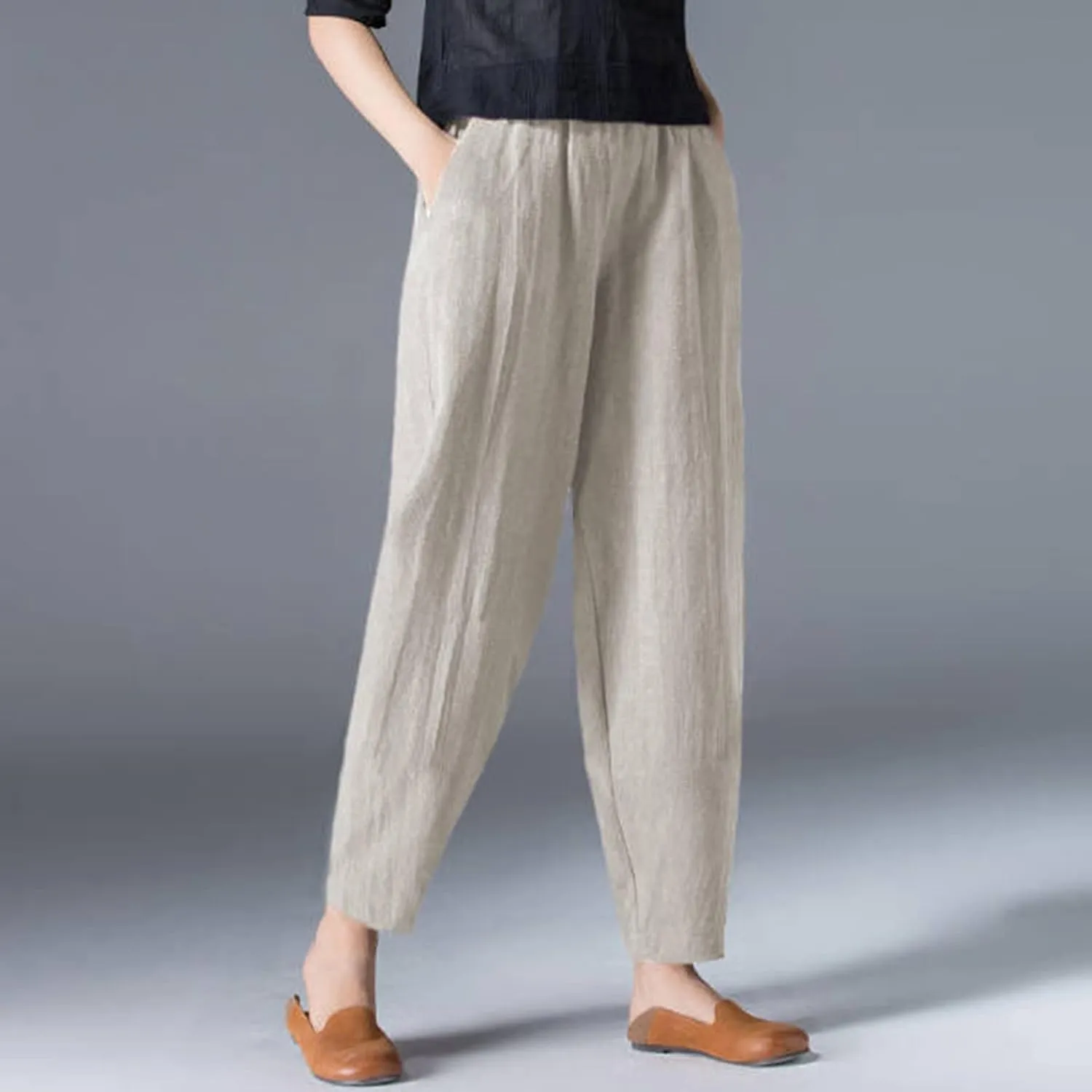 Women's Linen Pants Plus Size High Waisted Elastic Trouser Summer Drawstring Pants Loose Fit Lightweight Long Pants