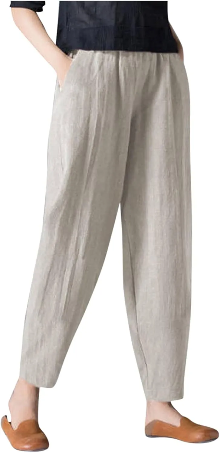 Women's Linen Pants Plus Size High Waisted Elastic Trouser Summer Drawstring Pants Loose Fit Lightweight Long Pants