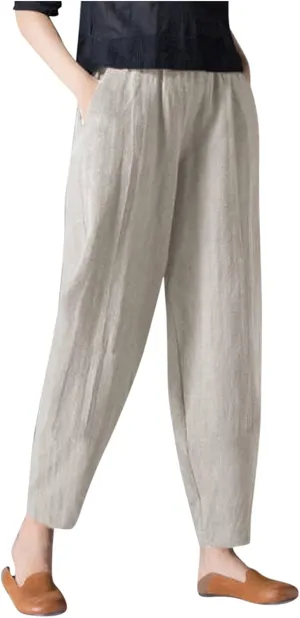 Women's Linen Pants Plus Size High Waisted Elastic Trouser Summer Drawstring Pants Loose Fit Lightweight Long Pants