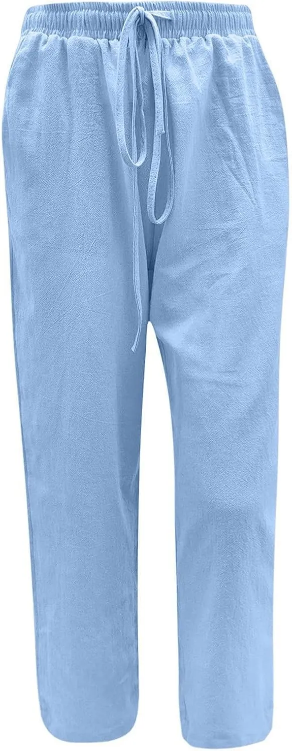 Womens Linen Trousers,Summer Boho Palazzo Pants Wide Leg High Waisted Drawstring Loose Lounge Long Pant with Pockets