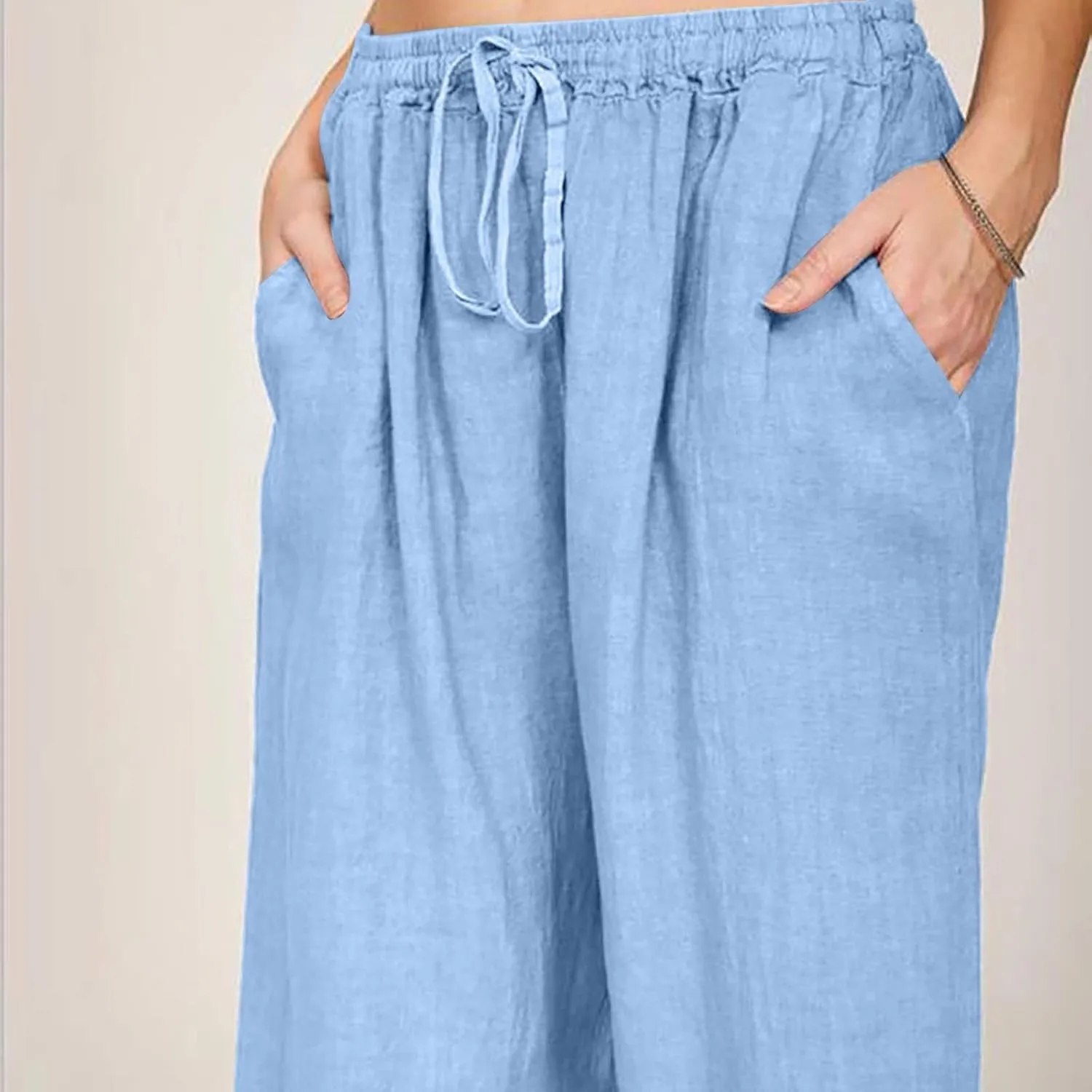 Womens Linen Trousers,Summer Boho Palazzo Pants Wide Leg High Waisted Drawstring Loose Lounge Long Pant with Pockets