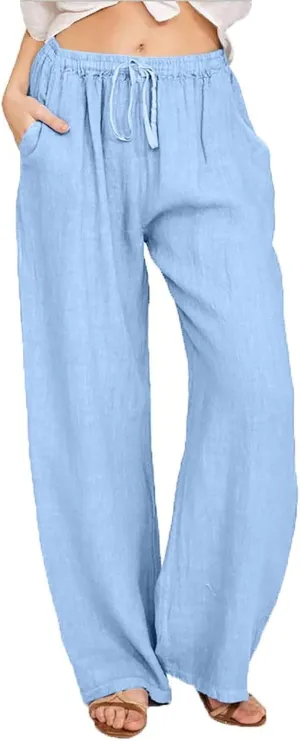 Womens Linen Trousers,Summer Boho Palazzo Pants Wide Leg High Waisted Drawstring Loose Lounge Long Pant with Pockets