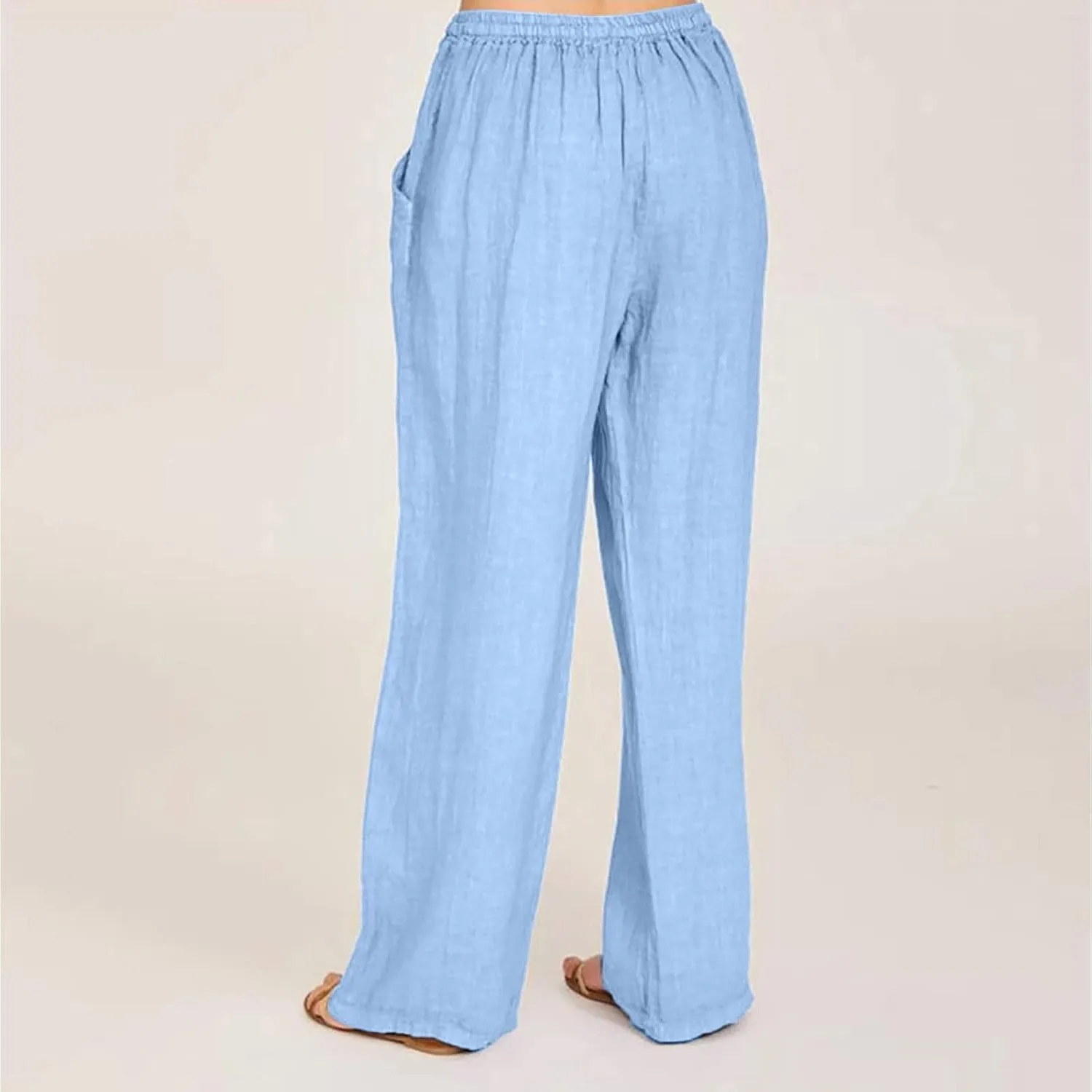 Womens Linen Trousers,Summer Boho Palazzo Pants Wide Leg High Waisted Drawstring Loose Lounge Long Pant with Pockets