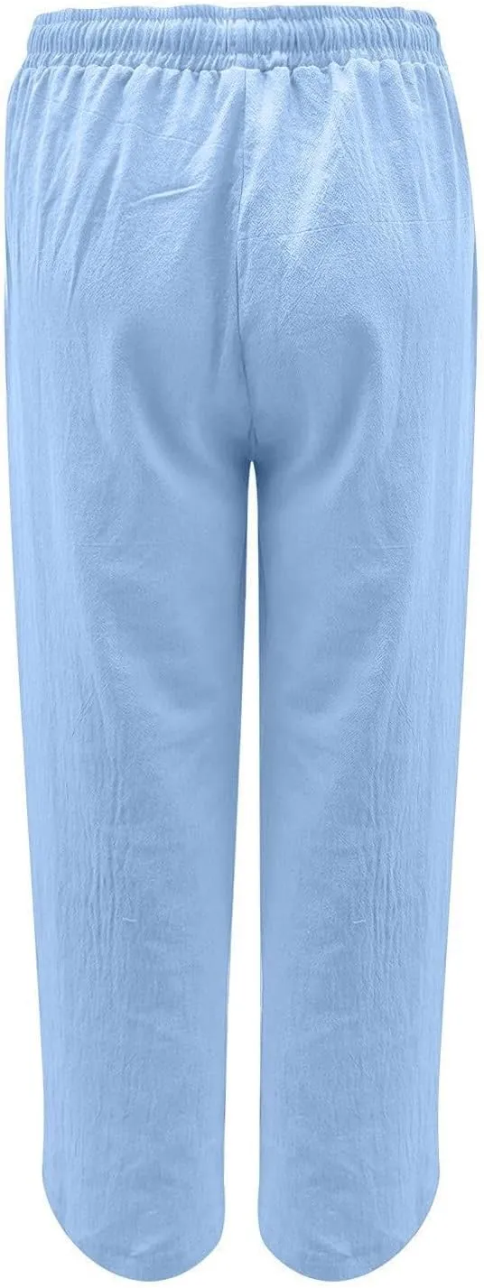 Womens Linen Trousers,Summer Boho Palazzo Pants Wide Leg High Waisted Drawstring Loose Lounge Long Pant with Pockets