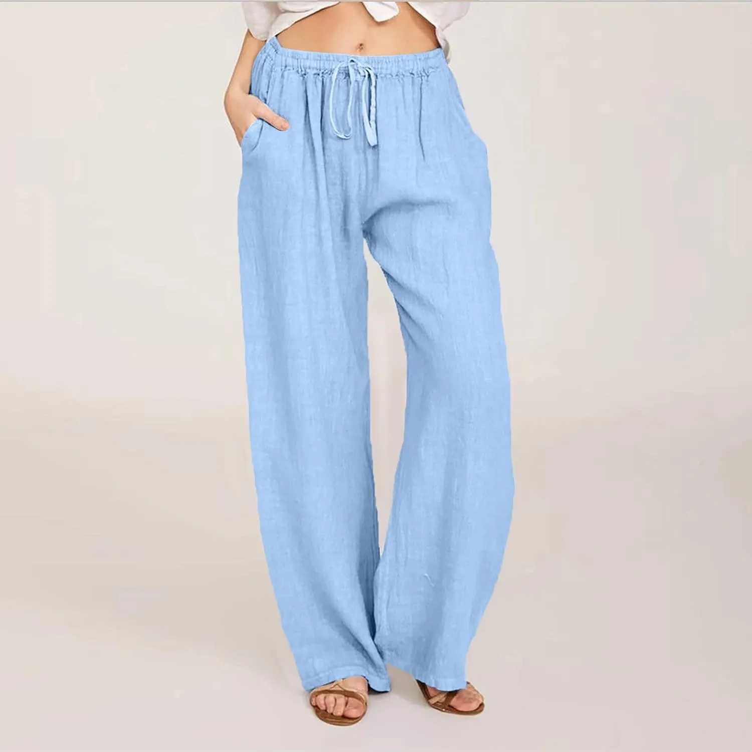 Womens Linen Trousers,Summer Boho Palazzo Pants Wide Leg High Waisted Drawstring Loose Lounge Long Pant with Pockets