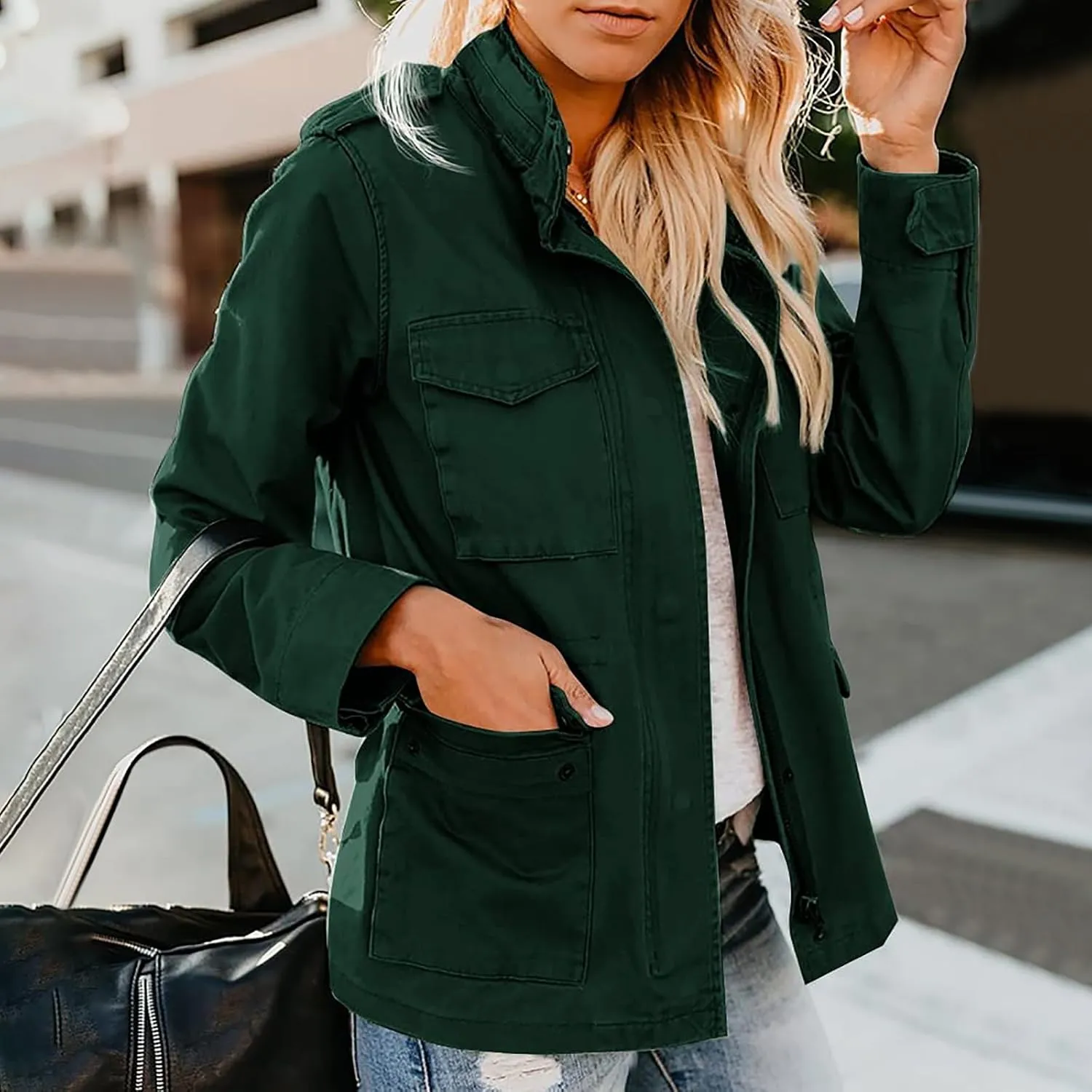 Womens Military Anorak Jacket Lapel Zip Up Snap Button Parka Outdoor Utility Lightweight Fields Outwear with Pockets