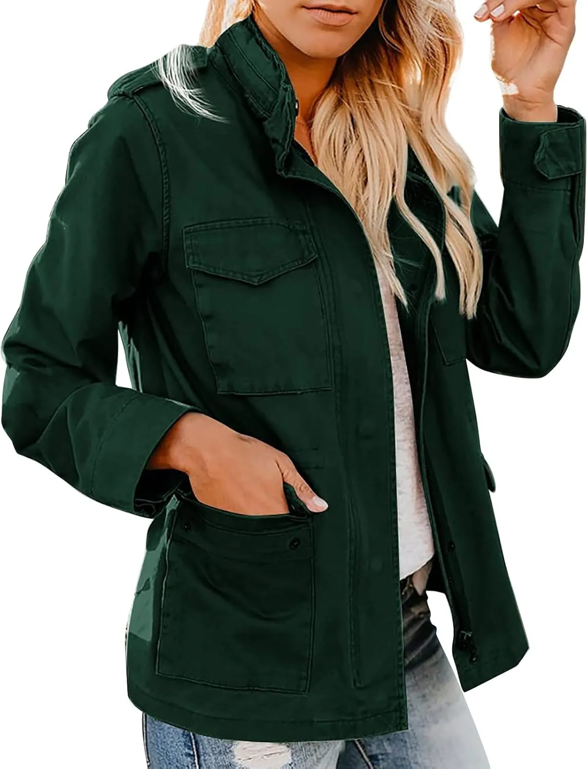 Womens Military Anorak Jacket Lapel Zip Up Snap Button Parka Outdoor Utility Lightweight Fields Outwear with Pockets