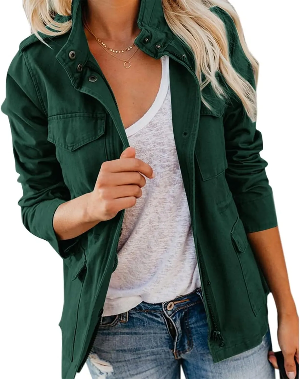 Womens Military Anorak Jacket Lapel Zip Up Snap Button Parka Outdoor Utility Lightweight Fields Outwear with Pockets
