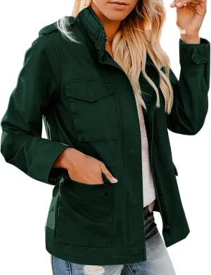 Womens Military Anorak Jacket Lapel Zip Up Snap Button Parka Outdoor Utility Lightweight Fields Outwear with Pockets
