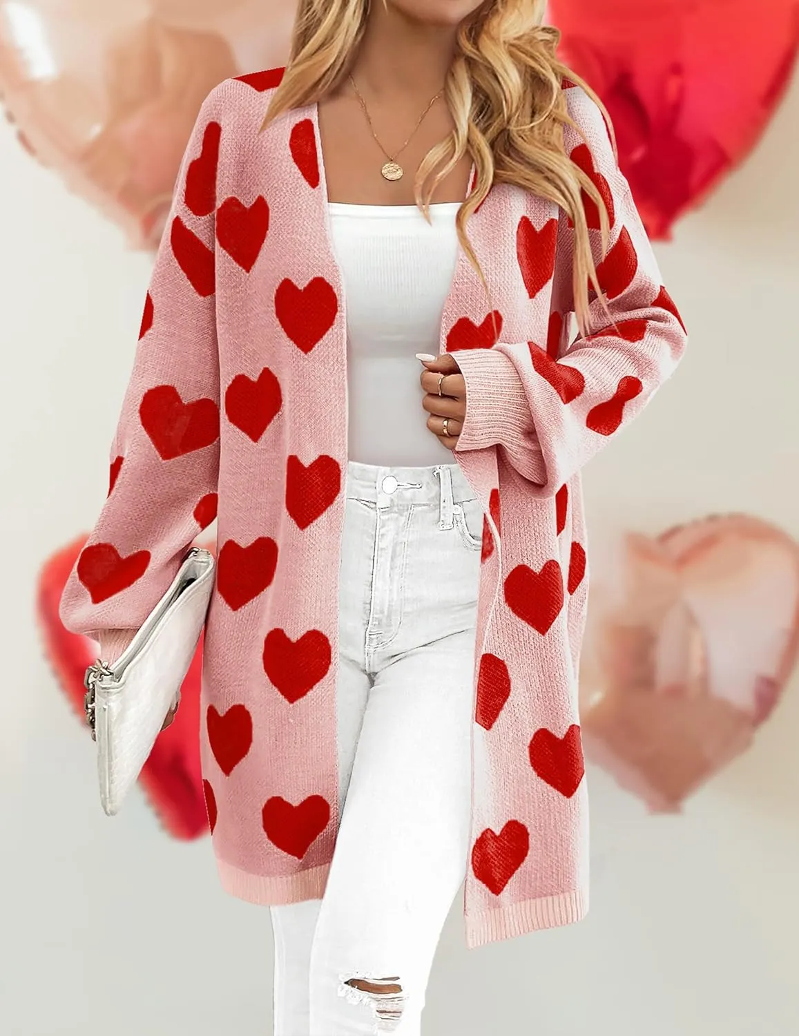 Womens Oversized Cute Heart Long Cardigan Spring 2025 Trendy Casual Ribbed Knit Open Front Sweaters