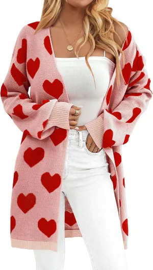 Womens Oversized Cute Heart Long Cardigan Spring 2025 Trendy Casual Ribbed Knit Open Front Sweaters