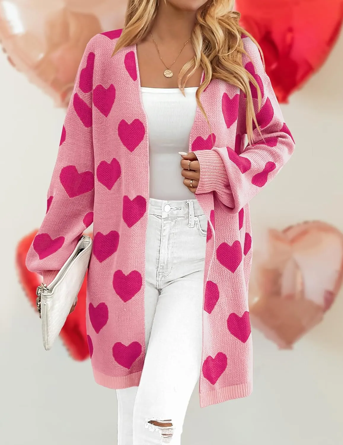Womens Oversized Cute Heart Long Cardigan Spring 2025 Trendy Casual Ribbed Knit Open Front Sweaters