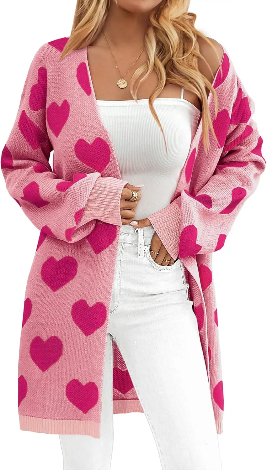 Womens Oversized Cute Heart Long Cardigan Spring 2025 Trendy Casual Ribbed Knit Open Front Sweaters