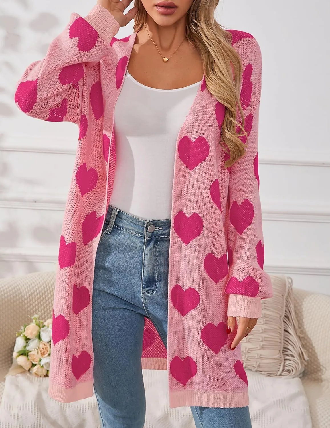 Womens Oversized Cute Heart Long Cardigan Spring 2025 Trendy Casual Ribbed Knit Open Front Sweaters