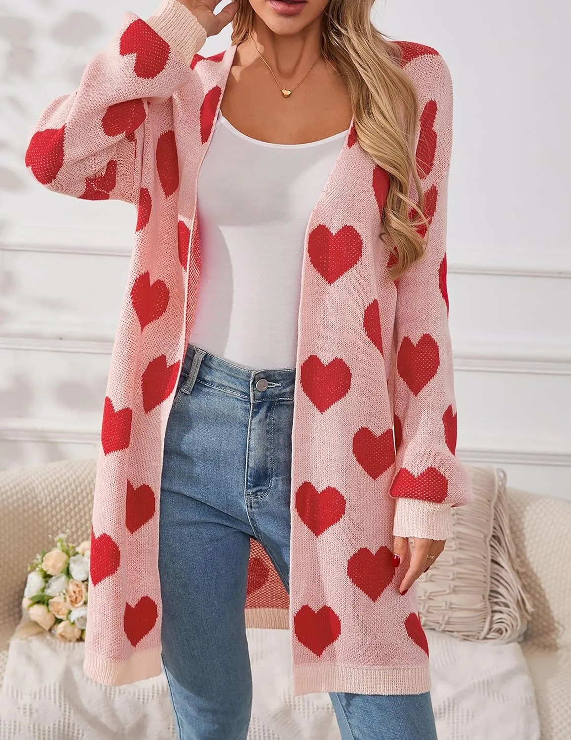 Womens Oversized Cute Heart Long Cardigan Spring 2025 Trendy Casual Ribbed Knit Open Front Sweaters