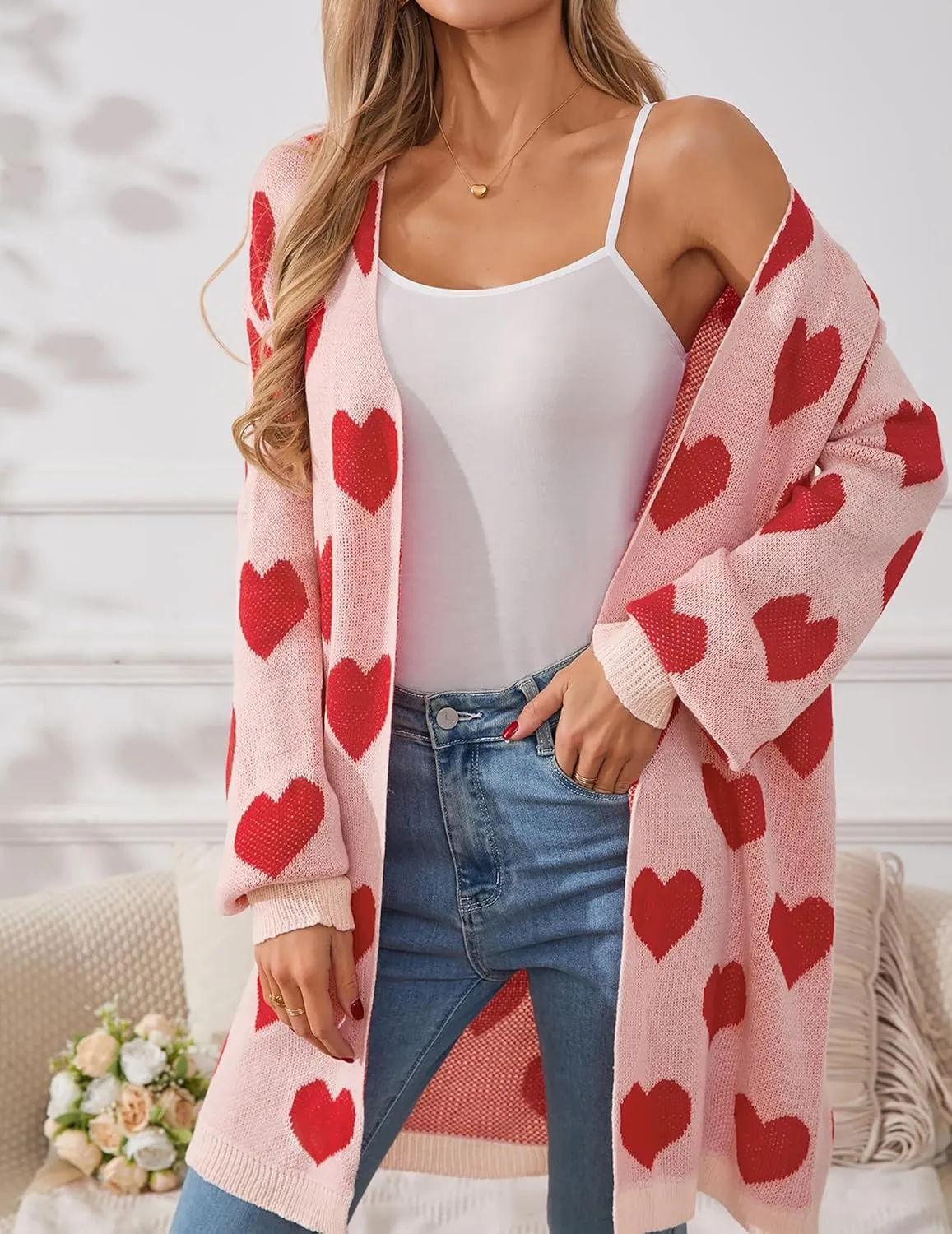 Womens Oversized Cute Heart Long Cardigan Spring 2025 Trendy Casual Ribbed Knit Open Front Sweaters