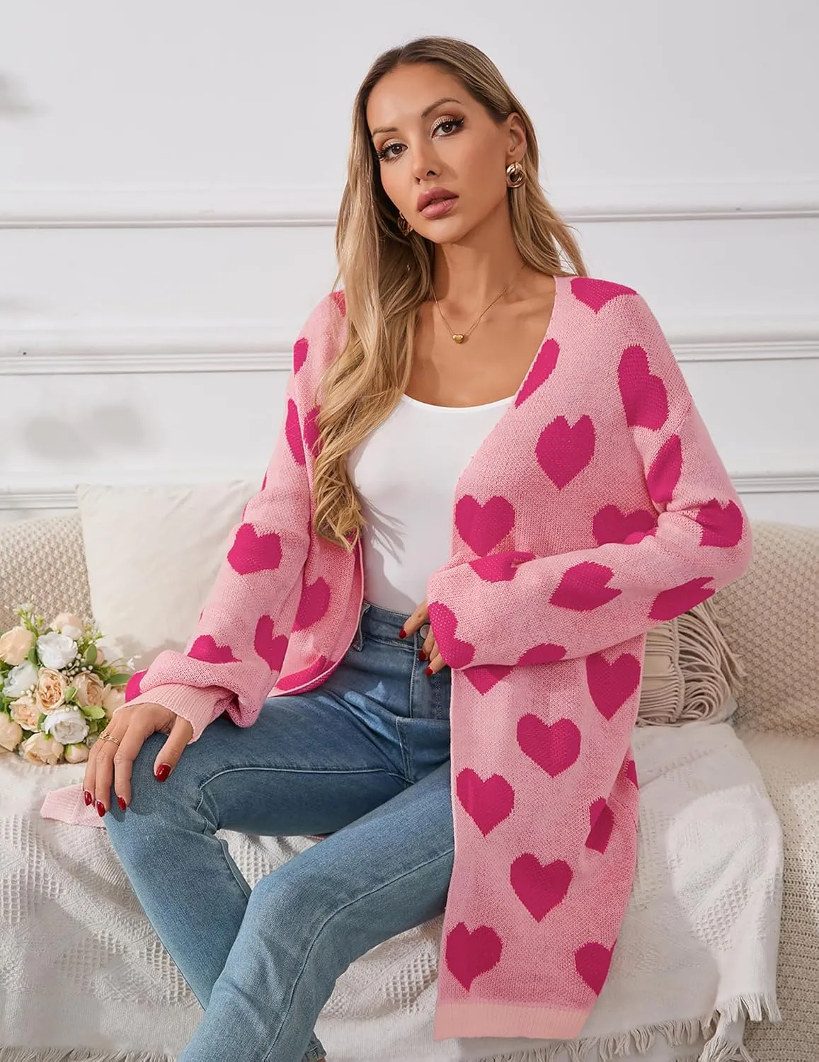 Womens Oversized Cute Heart Long Cardigan Spring 2025 Trendy Casual Ribbed Knit Open Front Sweaters