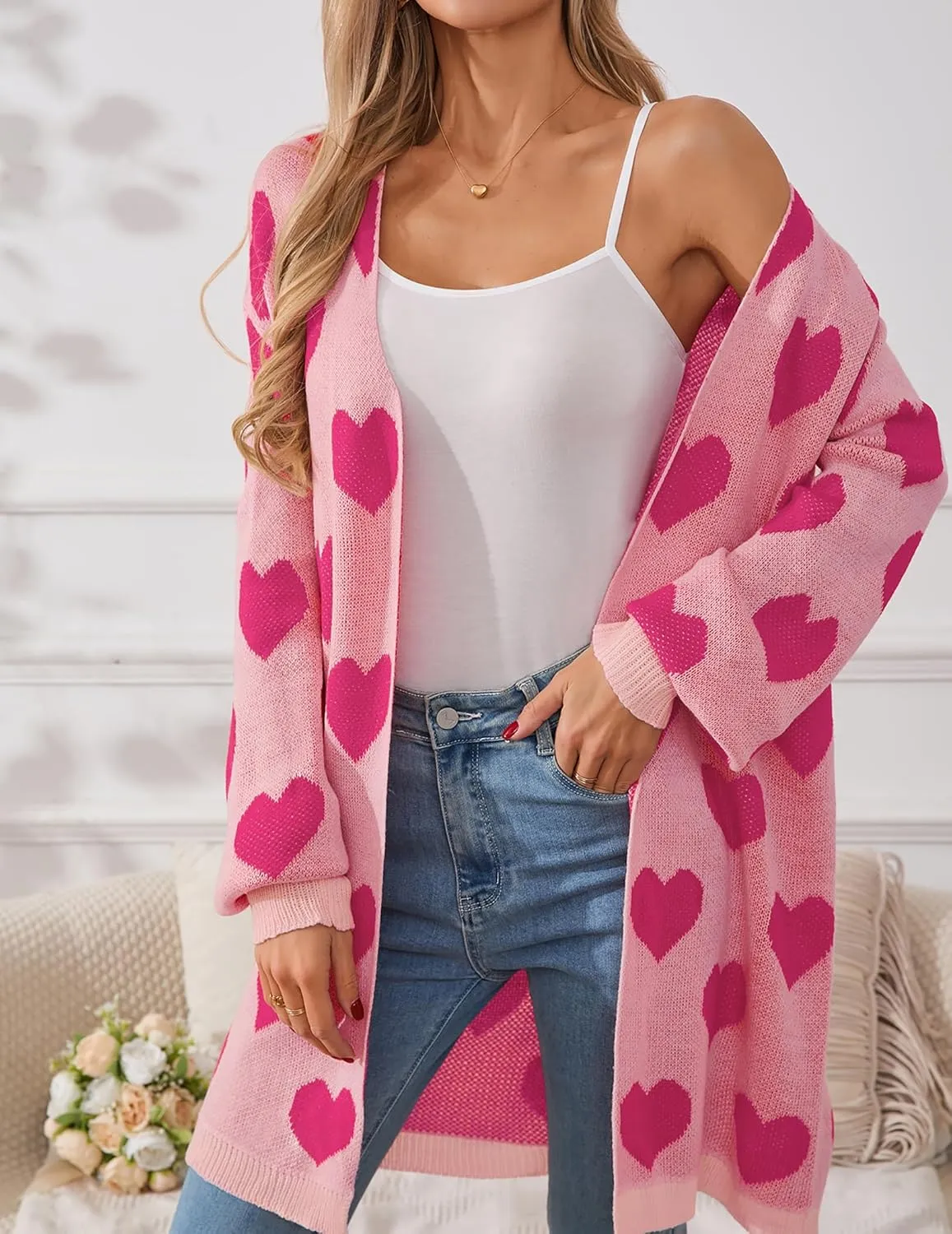 Womens Oversized Cute Heart Long Cardigan Spring 2025 Trendy Casual Ribbed Knit Open Front Sweaters