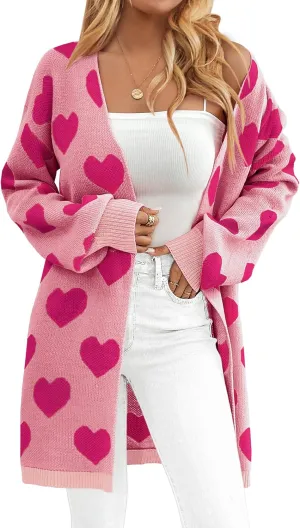 Womens Oversized Cute Heart Long Cardigan Spring 2025 Trendy Casual Ribbed Knit Open Front Sweaters