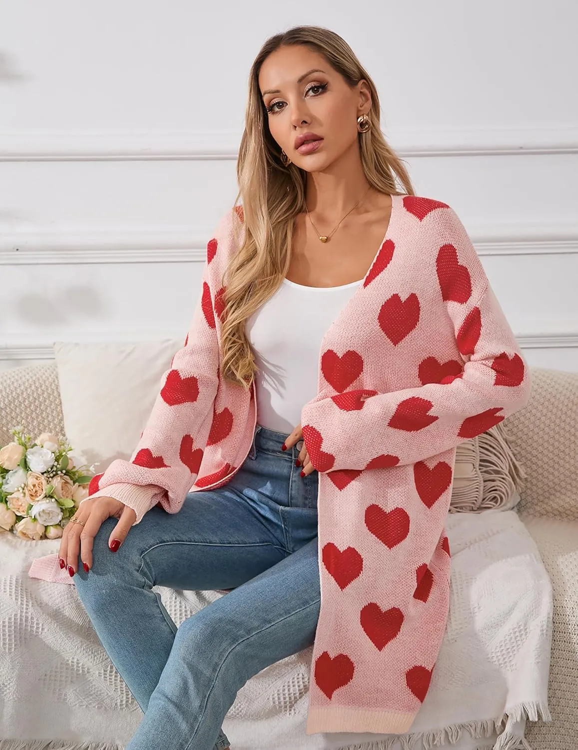 Womens Oversized Cute Heart Long Cardigan Spring 2025 Trendy Casual Ribbed Knit Open Front Sweaters