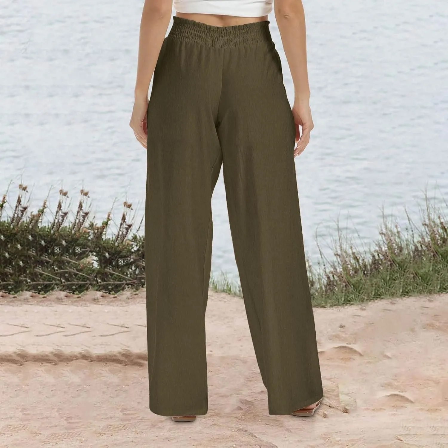 Women's Palazzo Pants High Waisted Boho Casual Drawstring Linen Pants Trousers with Pockets Linen Blend Cargo Pants