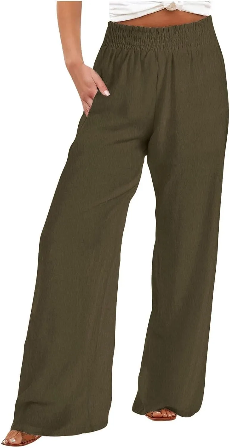 Women's Palazzo Pants High Waisted Boho Casual Drawstring Linen Pants Trousers with Pockets Linen Blend Cargo Pants