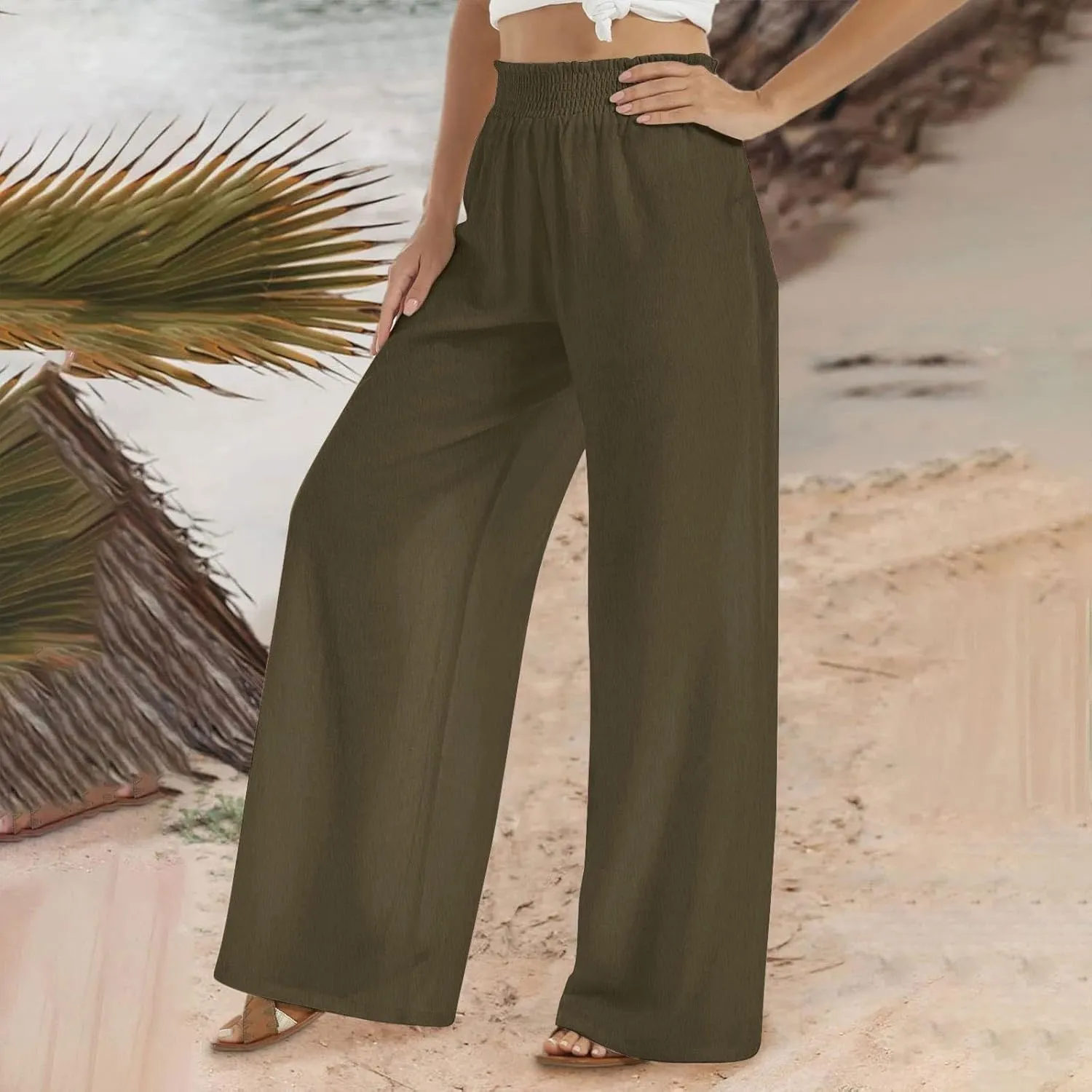 Women's Palazzo Pants High Waisted Boho Casual Drawstring Linen Pants Trousers with Pockets Linen Blend Cargo Pants
