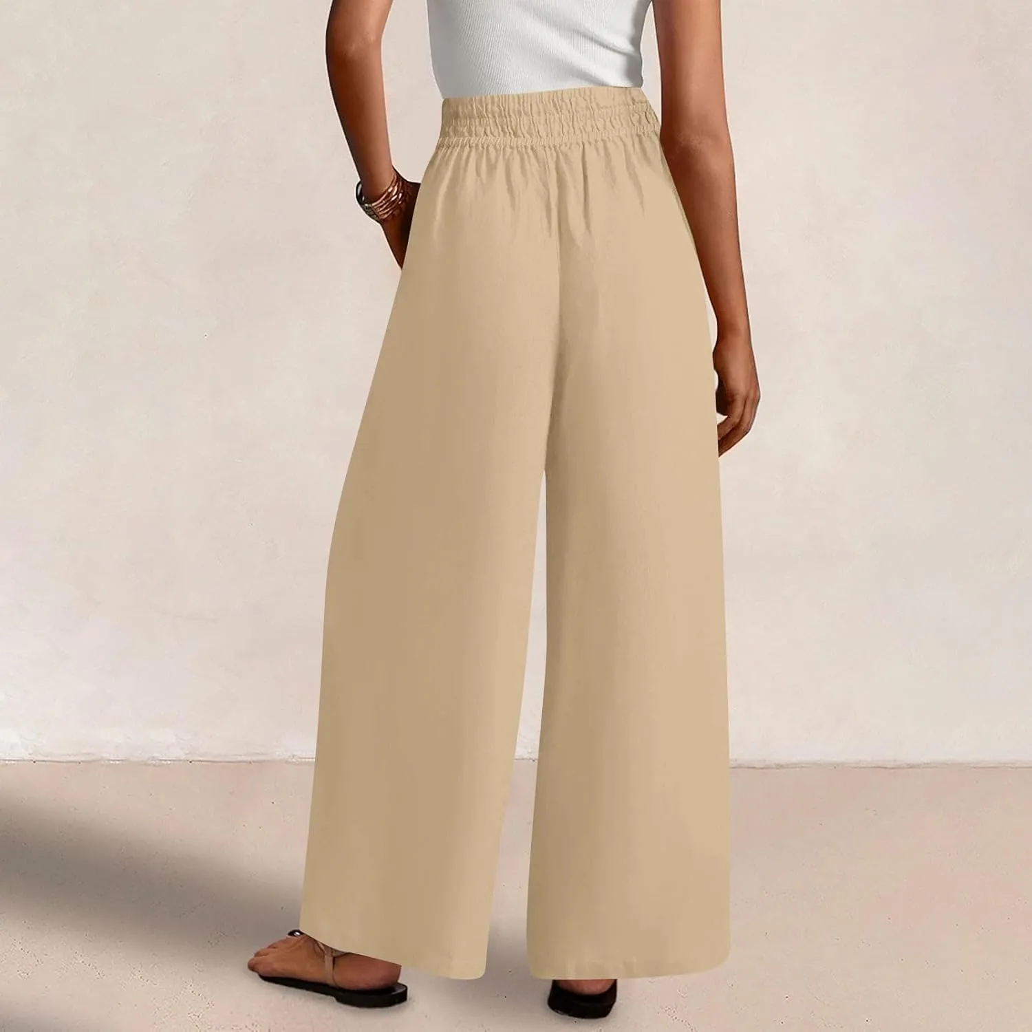 Womens Palazzo Pants with Pockets Loose Flowy Wide Leg Pants Summer Beach Travel Outfits Stretch Comfy Trousers