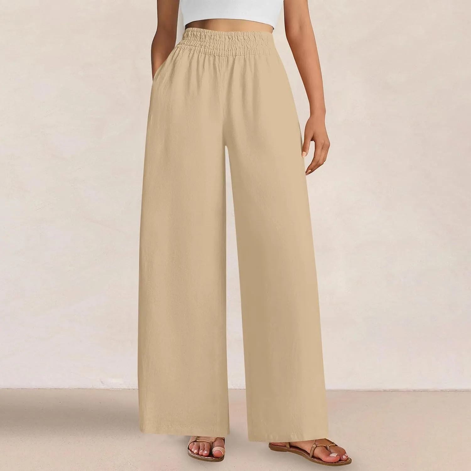 Womens Palazzo Pants with Pockets Loose Flowy Wide Leg Pants Summer Beach Travel Outfits Stretch Comfy Trousers