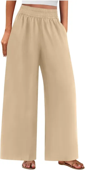 Womens Palazzo Pants with Pockets Loose Flowy Wide Leg Pants Summer Beach Travel Outfits Stretch Comfy Trousers