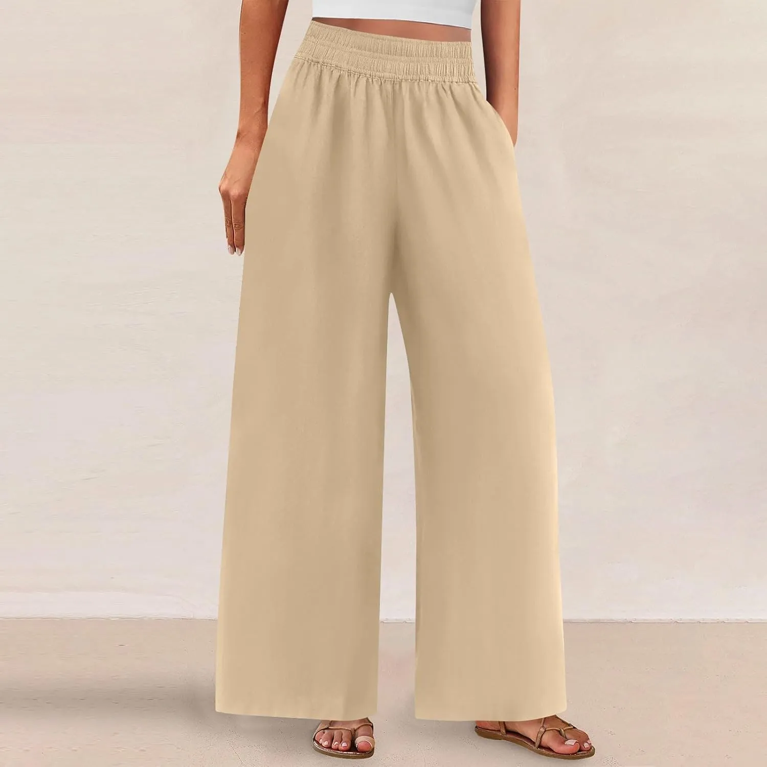 Womens Palazzo Pants with Pockets Loose Flowy Wide Leg Pants Summer Beach Travel Outfits Stretch Comfy Trousers