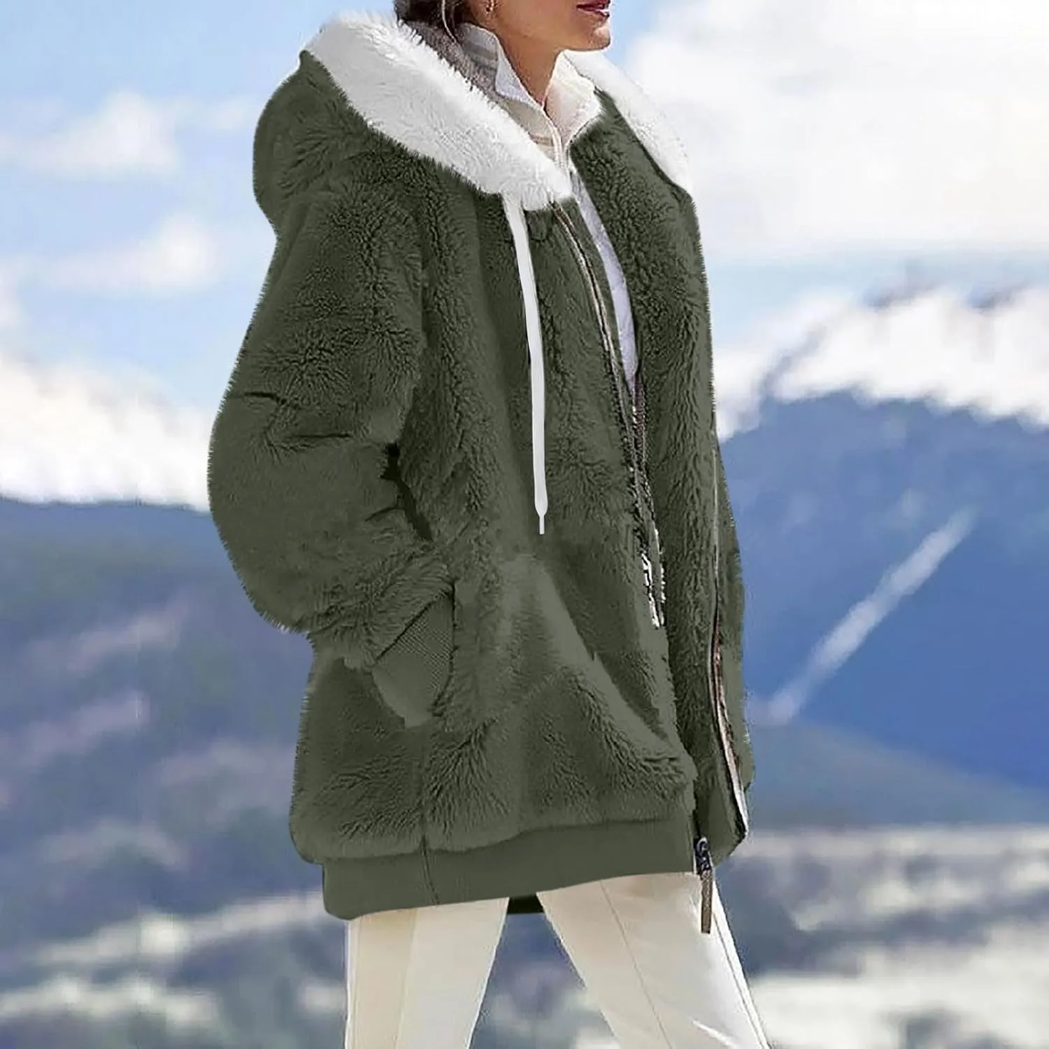 Womens Plus Size Fuzzy Fleece Jacket Winter Full Zip Plush Hooded Cardigan Coats Soft Oversized Shaggy Warm Outerwear
