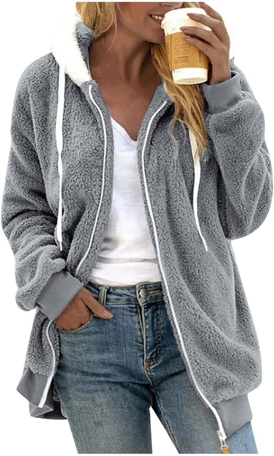 Womens Plus Size Fuzzy Fleece Jacket Winter Full Zip Plush Hooded Cardigan Coats Soft Oversized Shaggy Warm Outerwear