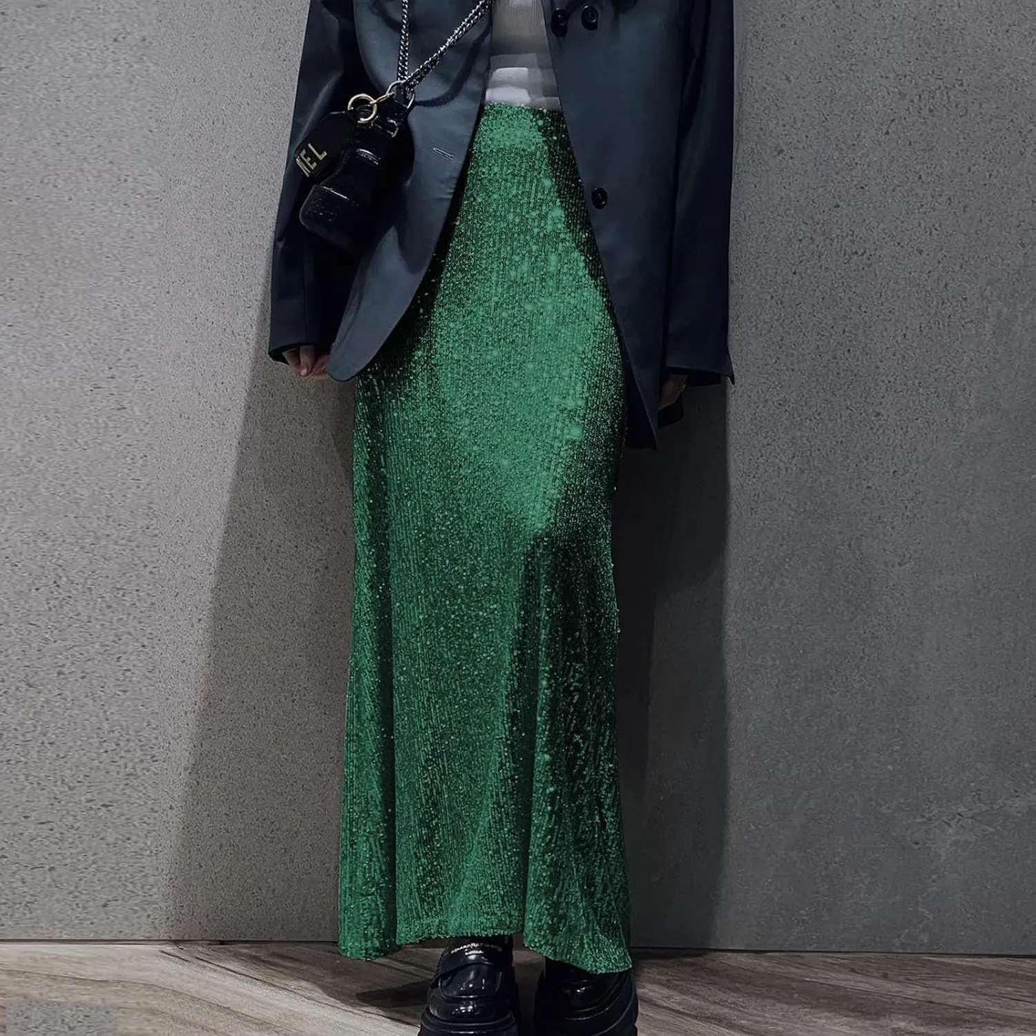 Women's Sequin Maxi Skirt Glitter Elastic High Waist Straight Leg Night Out Party Bodycon Long Skirt Party Clubwear