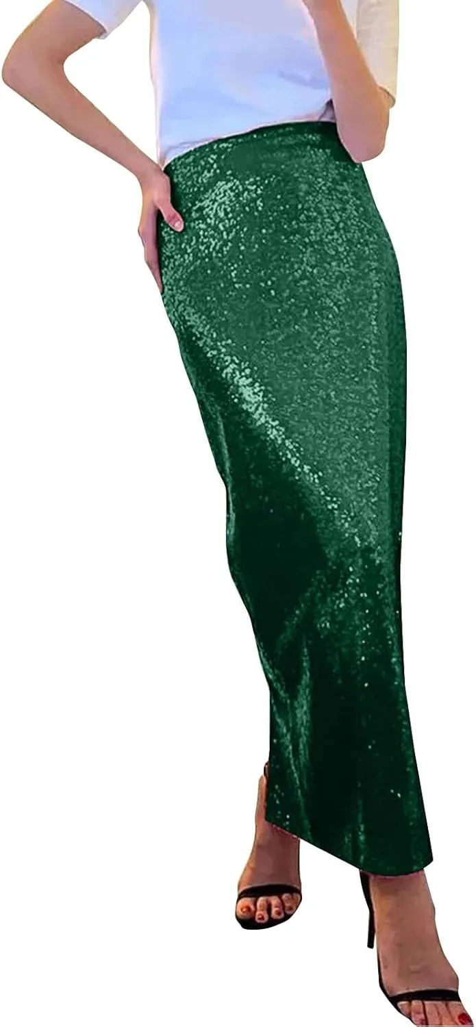 Women's Sequin Maxi Skirt Glitter Elastic High Waist Straight Leg Night Out Party Bodycon Long Skirt Party Clubwear