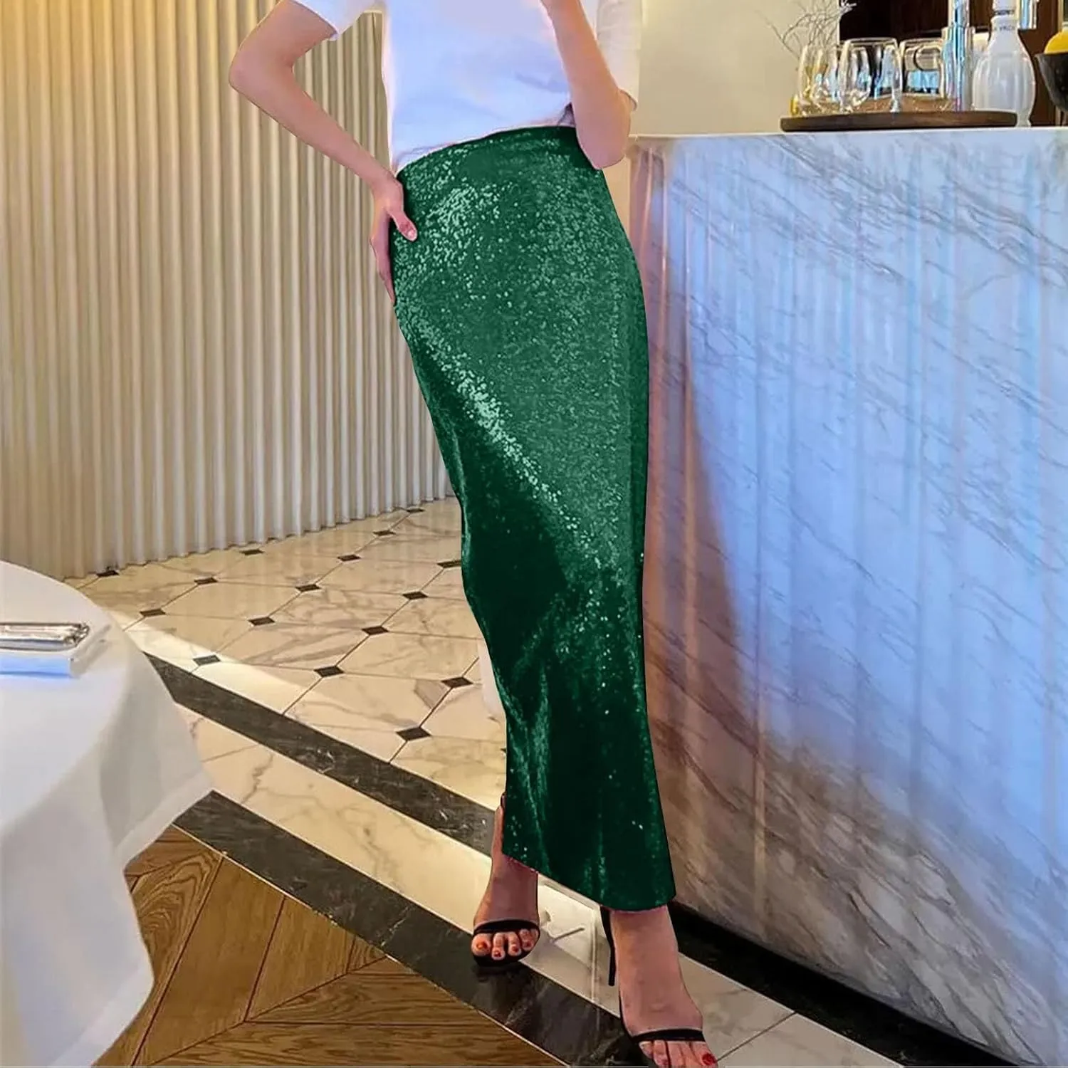 Women's Sequin Maxi Skirt Glitter Elastic High Waist Straight Leg Night Out Party Bodycon Long Skirt Party Clubwear
